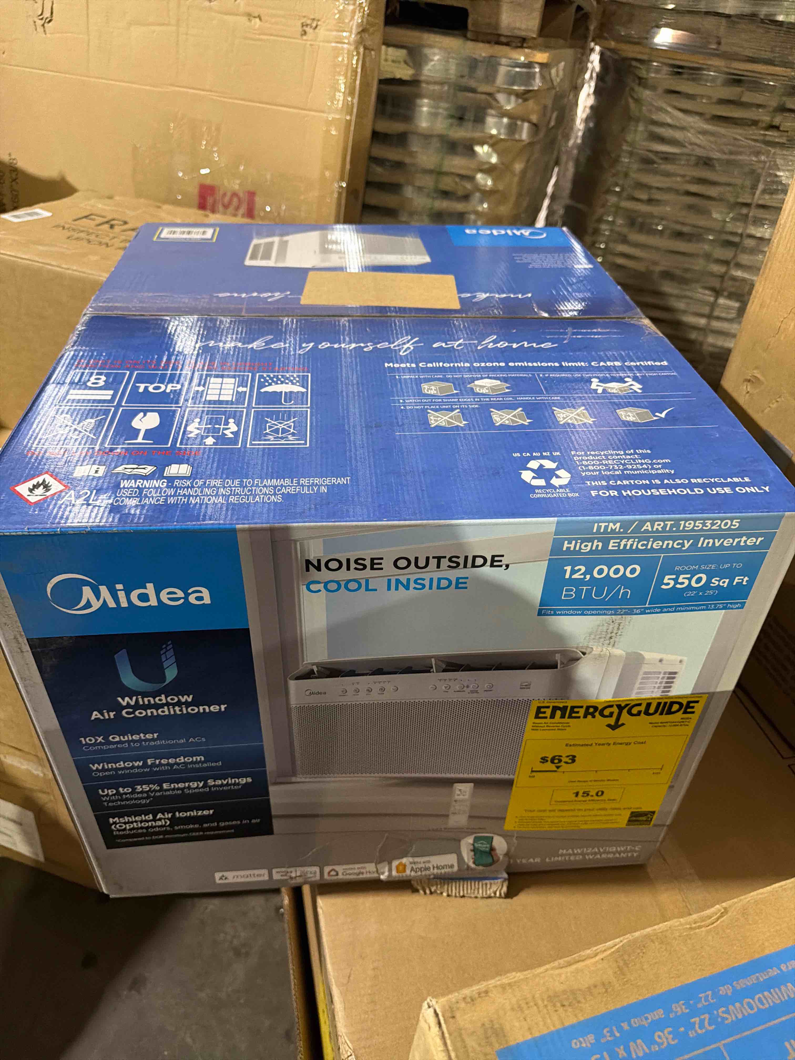 Condition photo showing New/Like New for midea 12,000 btu u shaped smart inverter window air conditioner, cools rooms up to 550 sq ft, ultra quiet with open window flexibility, alexa/google assistant compatible, 35% energy savings, remote control, item is new in box