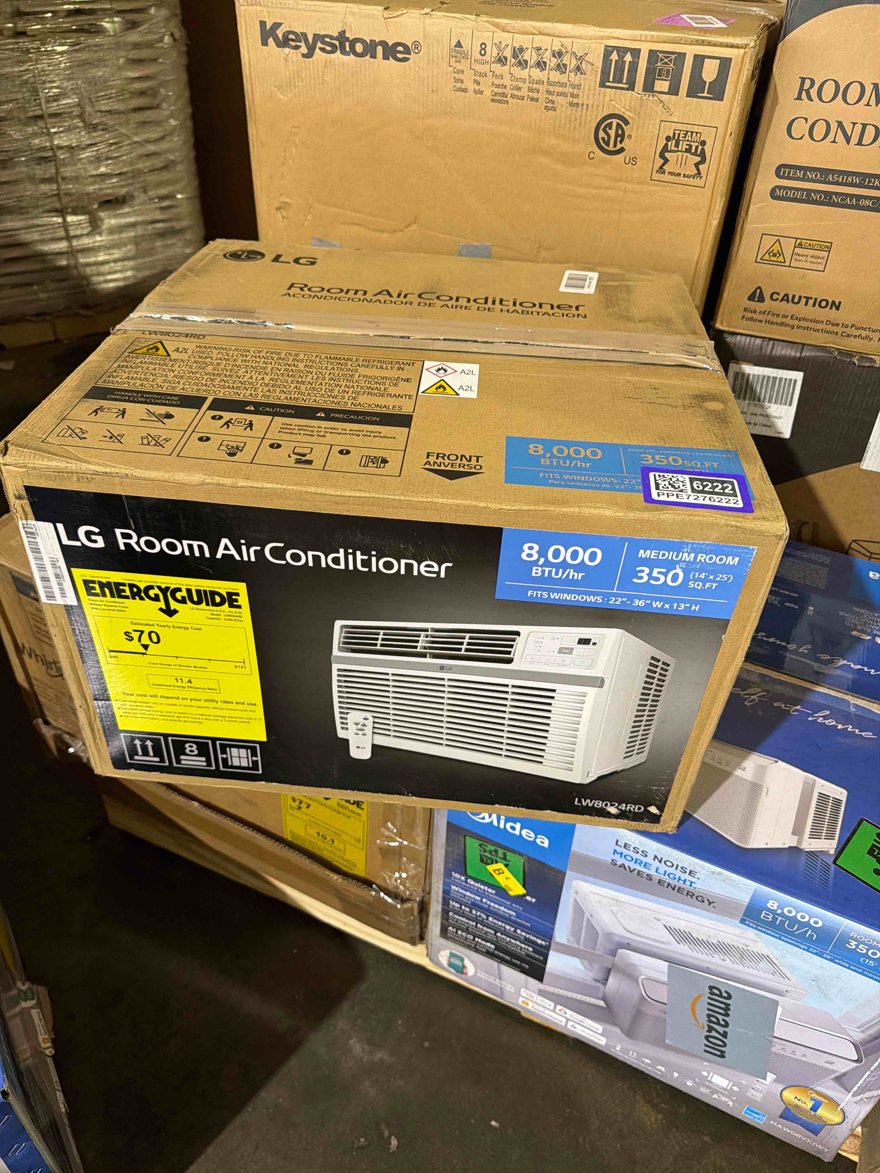 Condition photo showing New/Like New for 8,000 btu window air conditioner, 115v, cools rooms up to 350 sq.ft. (14' x 25' room size), quiet operation, electronic control with remote, 3 cooling & fan speeds, auto restart, item is new in box