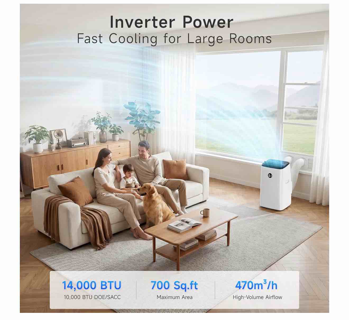 Condition photo showing New/Like New for 14000 btu inverter portable air conditioner, cools up to 700 sq.ft, 3-in-1(cool,fan,dehumidify), dual hose system, remote control, smart quiet sleep mode, auto swing, new in box item