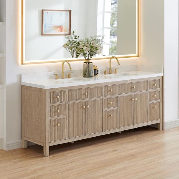 Condition photo showing New/Like New for cerrito 84in double sink freestanding nature oak bath vanity with grain white engineered stone top,