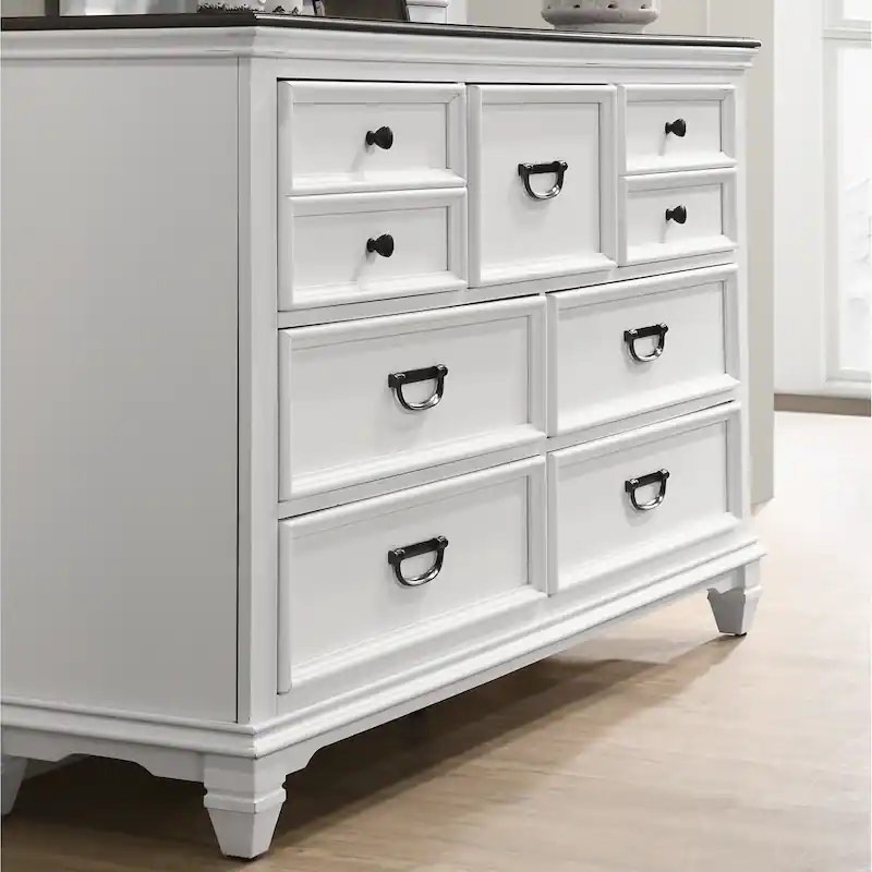 Condition photo showing New/Like New for clelane weathered white wood 7-drawer dresser with sleek black finished hardware, overall dimensions 63 w x 17.4 d x 38.6 h