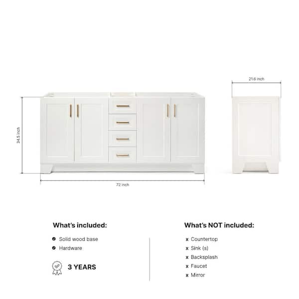 Condition photo showing New/Like New for ariel taylor 72inch double sink base cabinet in white with brass finished hardware, overall dimensions 72 w x 21.5 d x 34.5 h, new in box