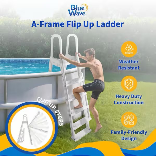 Condition photo showing New/Like New for a-frame flip up pool ladder for above ground pools 48-54 deep, weight capacity 250-300 lbs, step width 24”, ladder dimensions 48 w x 79.5 h