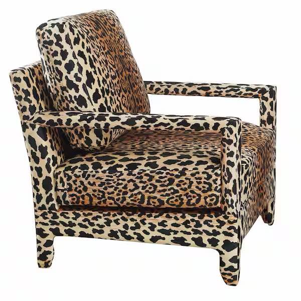 Condition photo showing New/Like New for cameron brown cheetah printed chair, designed by dan foley, detachable back cushions 30.5 w x 33.5 d x 18.5 h, new in box