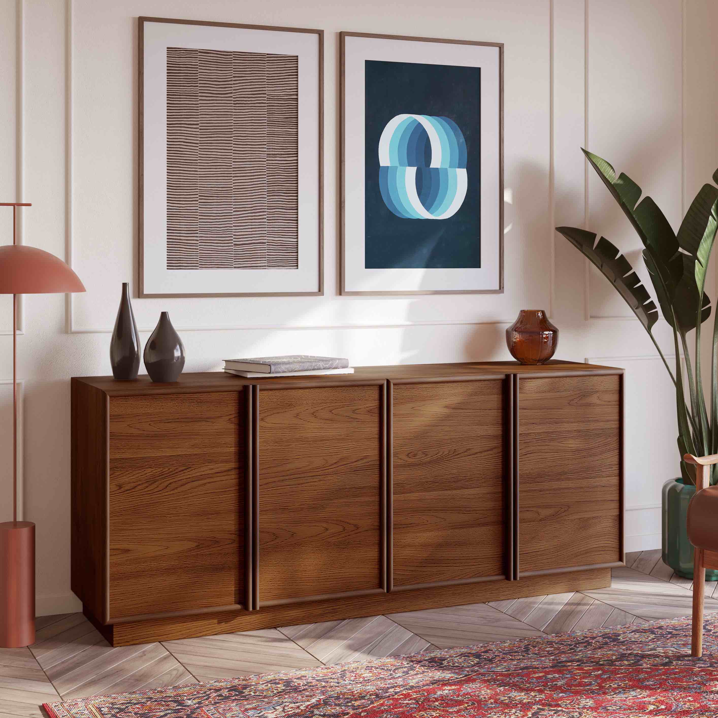Condition photo showing New/Like New for cooper 72in sideboard in natural walnut with 2 single shelf cabinets. 30 h x 72 w x 19 d