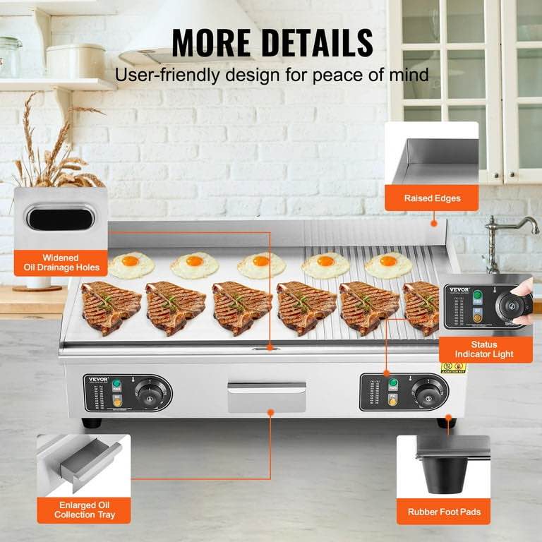 Condition photo showing Good Condition for vevor upgraded commercial electric griddle, 2800w countertop half-flat top grill, 122-572 adjustable temp, 29in stainless steel griddle grill for home or restaurant(no plug)