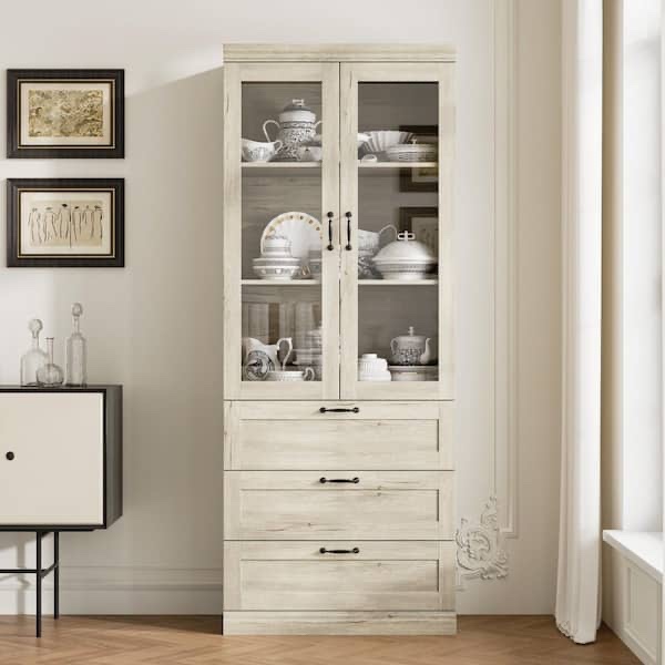 Beige Wood Grain 79.9 in. H Storage Cabinet, Bookcase, Sideboard, Wine Cabinet with 3 Shelves, 2 Drawer & 2 Glass Door