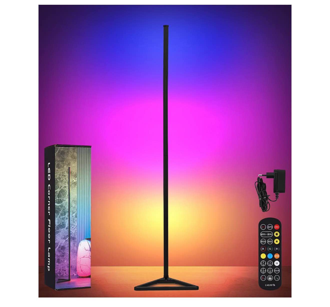 led floor lamp for living room, dimmable rgb corner lamp, with remote control and application control, 16 million colors, 300 stage modes, music modes, led lamp for living room