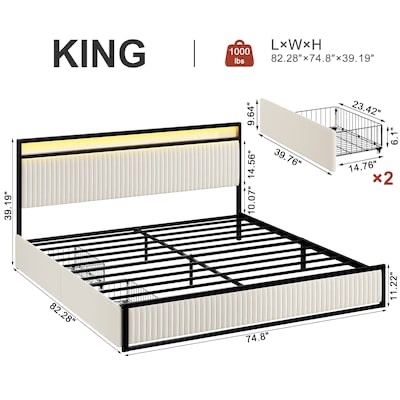 HAUSOURCE King Size Upholstered Bed Frame with LED Headboard 2 Drawers Charging Station Beige