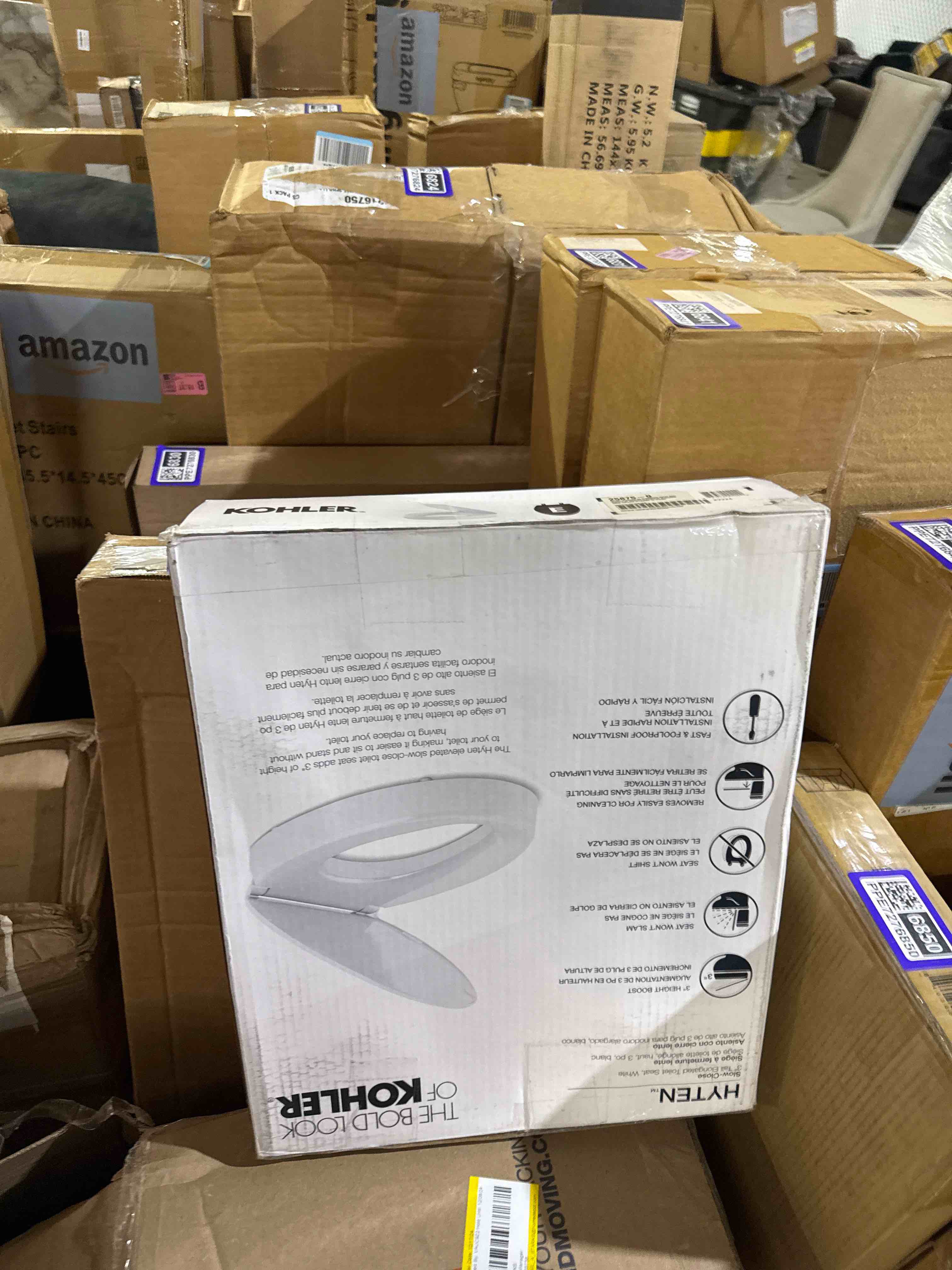 Condition photo showing New/Like New for kohler 25875-0 hyten 3" height, elevated soft close elongated toilet seat, contoured seat with grip-tight bumpers, quick-attach hardware, no slam toilet seat, white white elongated