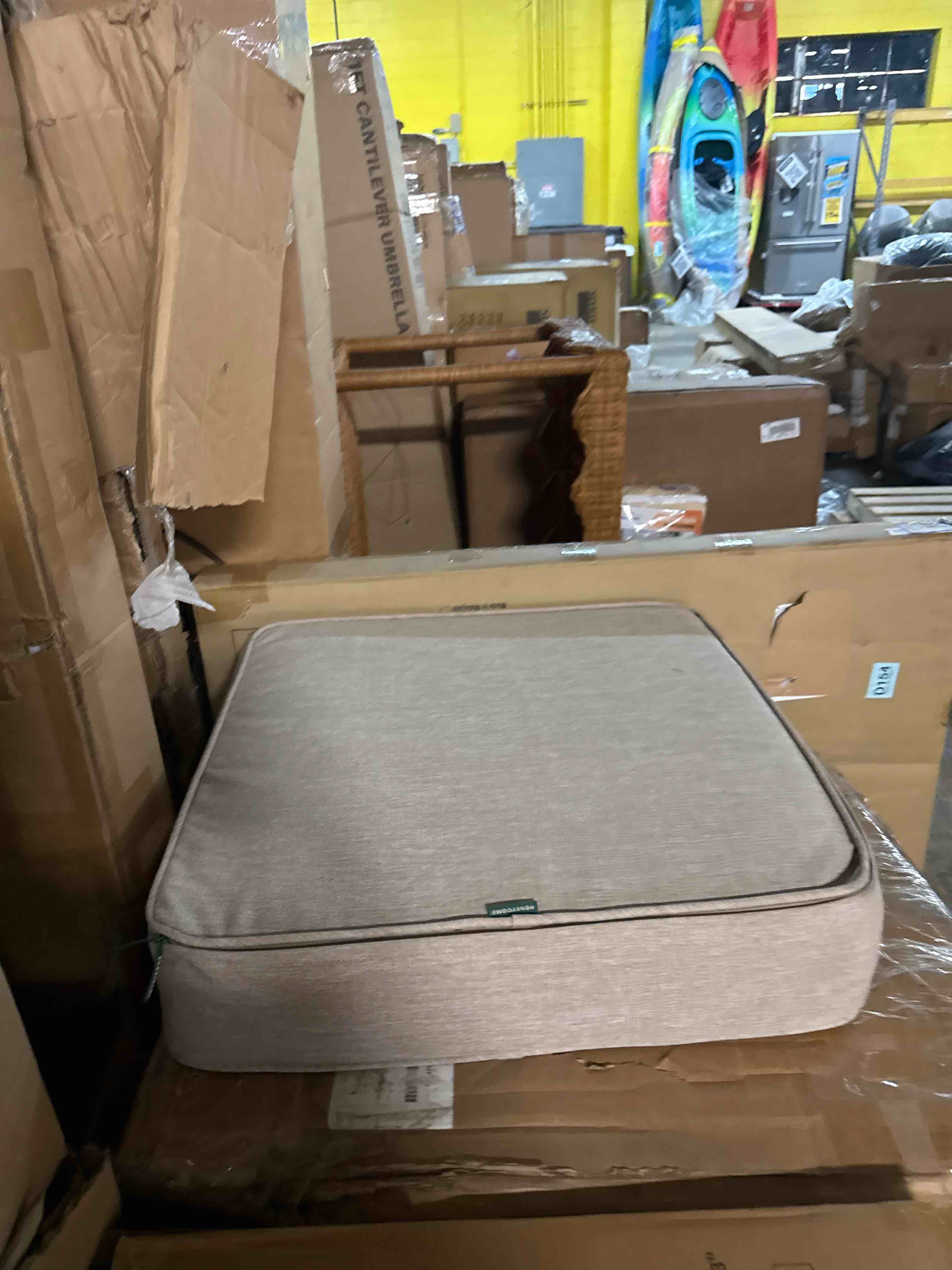 Condition photo showing New/Like New for arden 20x19 luxury foam outdoor double welted round back seat cushion, made with profoam, performance fabric, rain-proof, fade resistant, heathered taupe woven solid