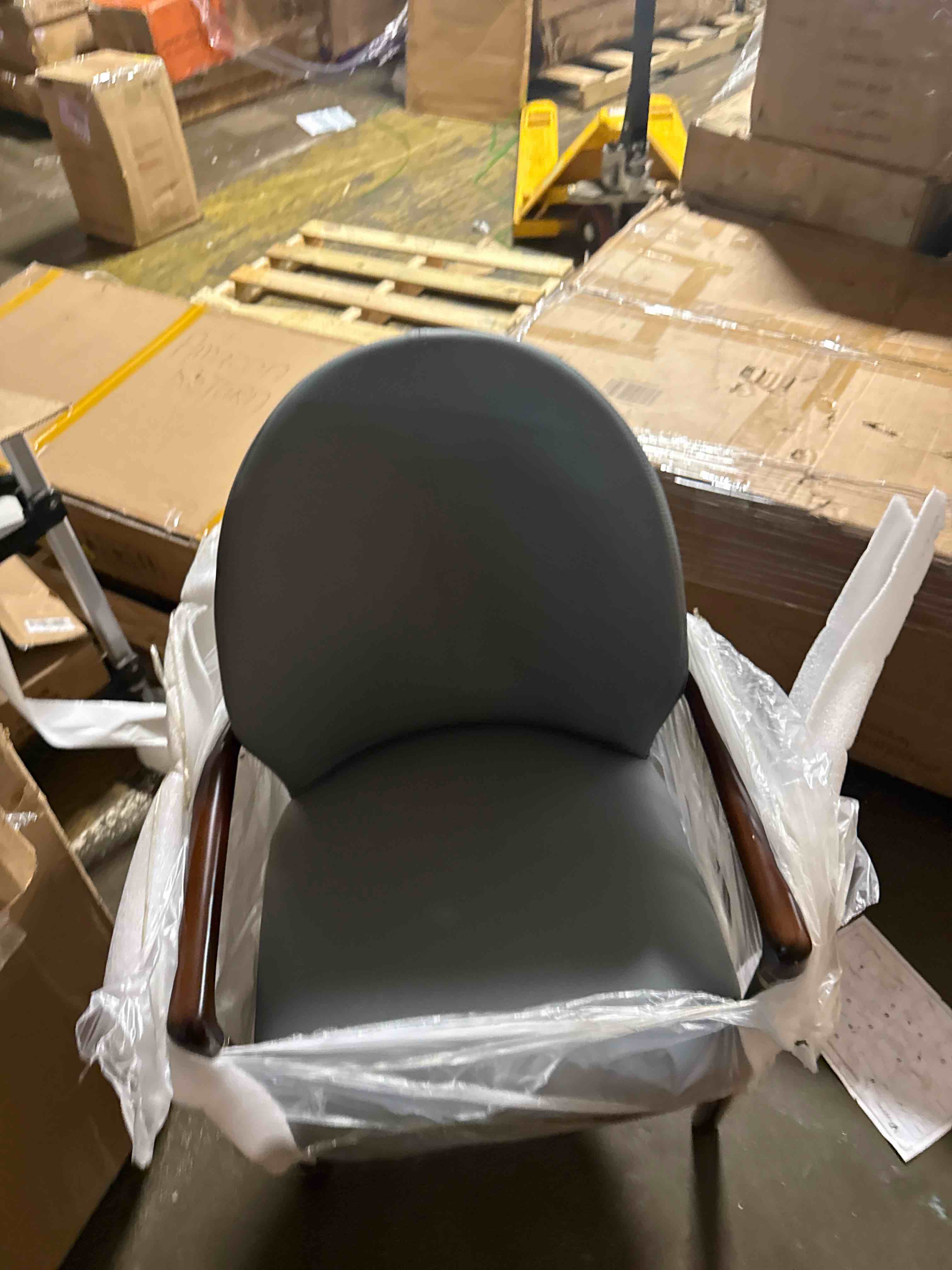 Condition photo showing New/Like New for leisuremod leather dining chair, ergonomic armchair with padded seat, rubberwood base & gold accents for modern kitchen, home & office in grey