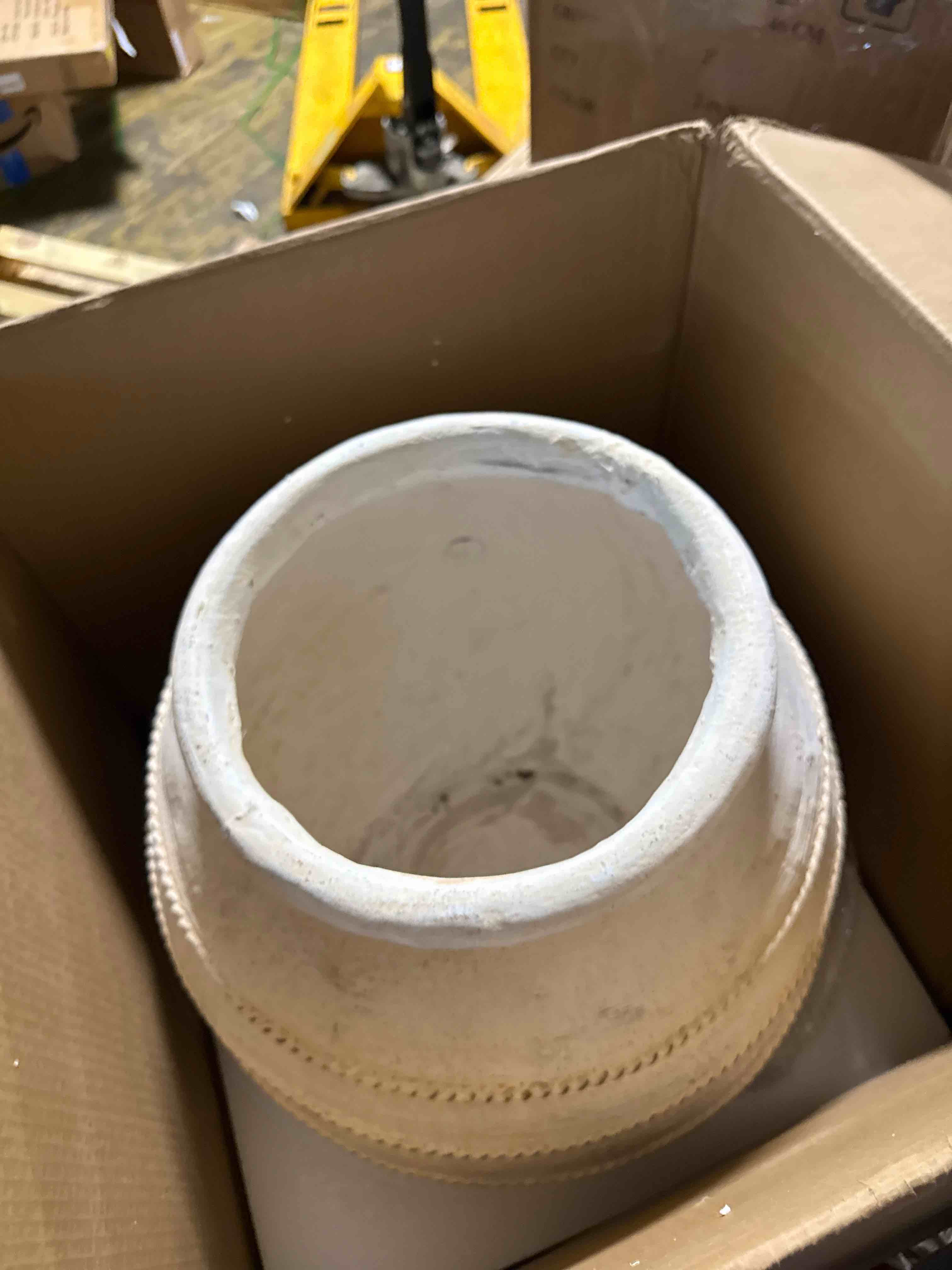 Condition photo showing New/Like New for large magnesium vase - 18.5-inch rustic textured planter pot, indoor outdoor home decor, boho plant holder, weathered finish - d17.5" x 18.5"