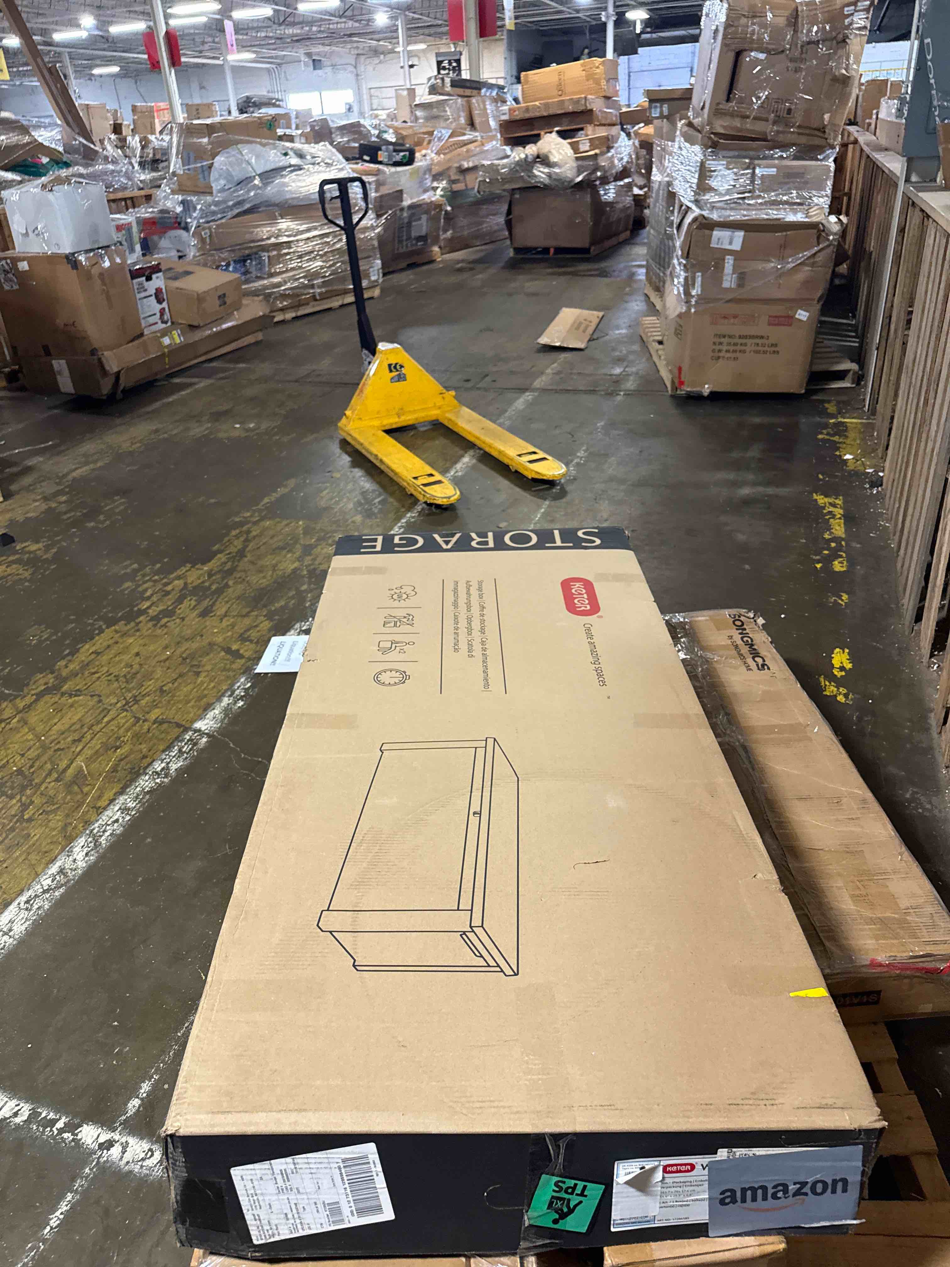 Condition photo showing New/Like New for keter 150 gallon resin large deck box organization and storage box for patio, outdoor cushions, garden tools, brown