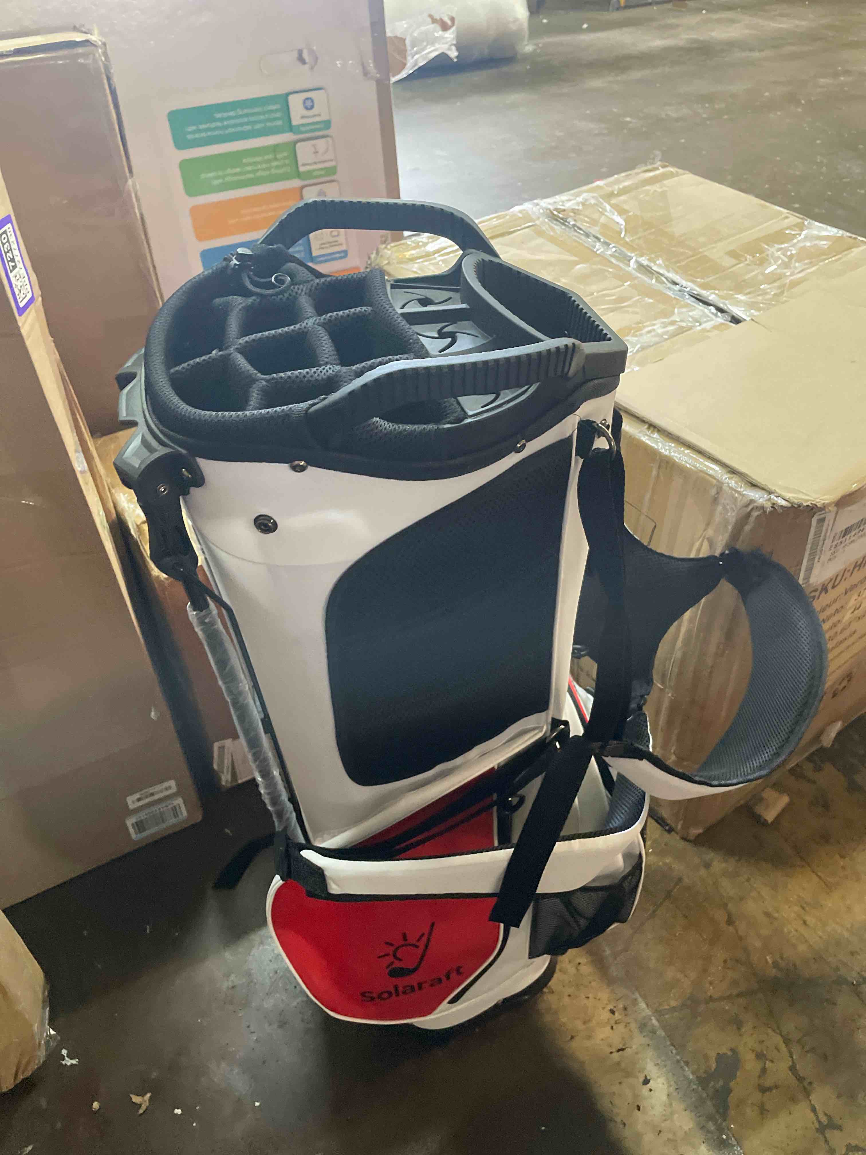 Condition photo showing New/Like New for golf stand bag, 15-way full-length dividers, lightweight with stable carbon fiber legs, waterproof golf bag for men women, golf course & travel use