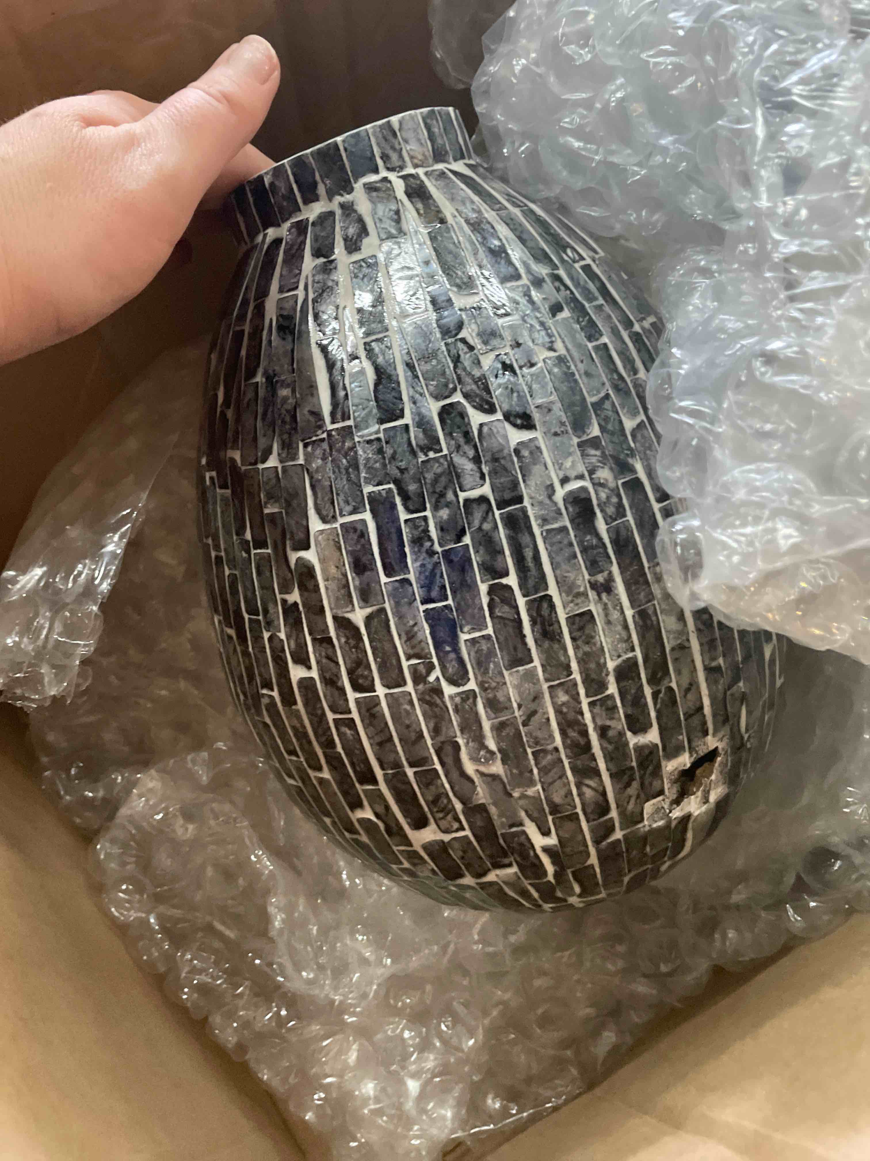 Condition photo showing Good Condition for deco 79 mother of pearl shell handmade decorative vase mosaic inspired centerpiece vase, flower vase for home decoration 9" x 9" x 12", gray