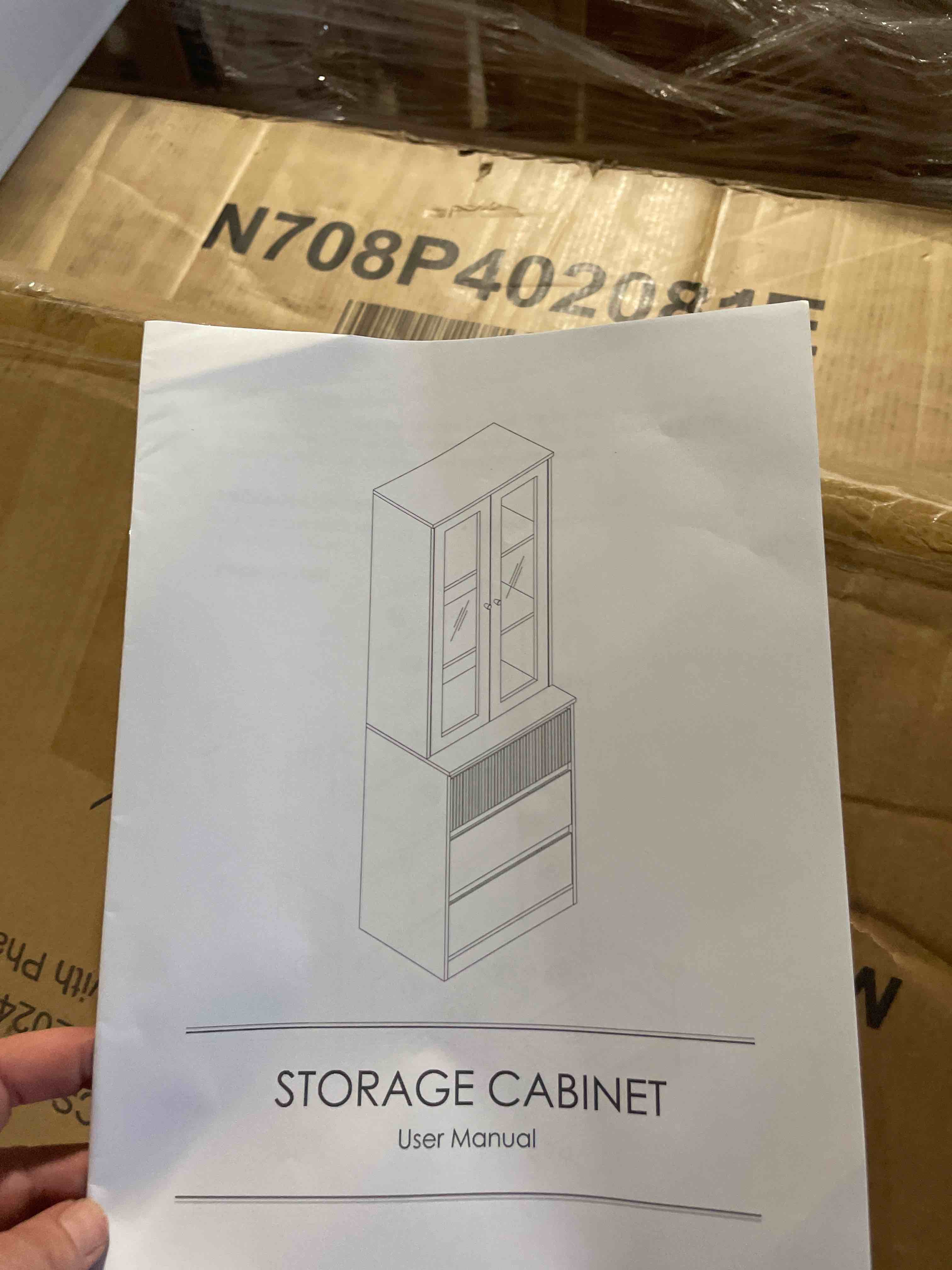 Condition photo showing New/Like New for vowner wood bookcase cabinet, 71’’ freestanding tall storage cabinet with 2 tempered glass doors, modern kitchen cupboard large floor cabinet for kitchen, living room, home office (d)