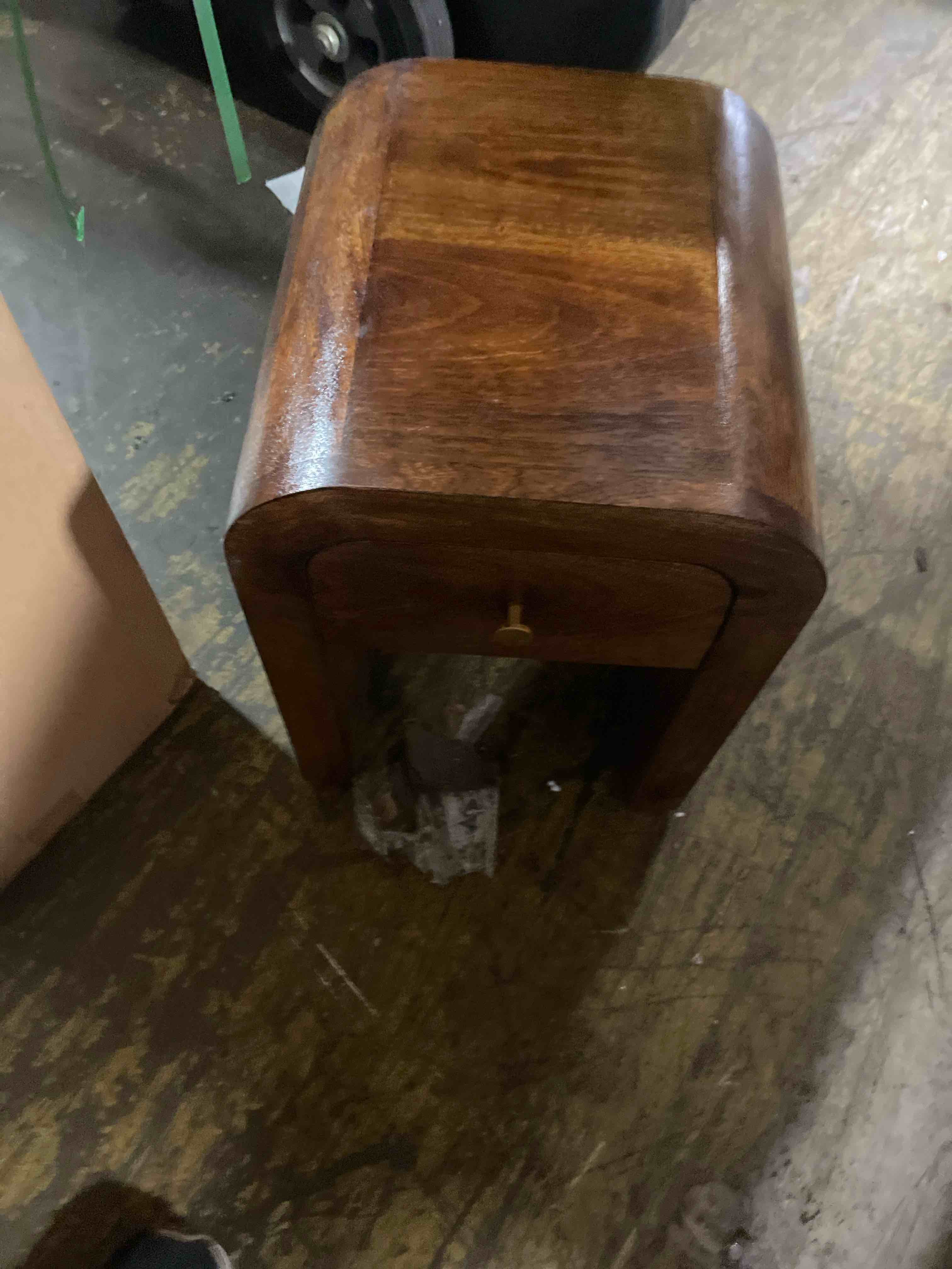 Condition photo showing Good Condition for mini darcy chestnut nightstand with curved edges, 1 drawer, solid wood, brown, compact design for bedrooms and living spaces, modern elegance and functionality