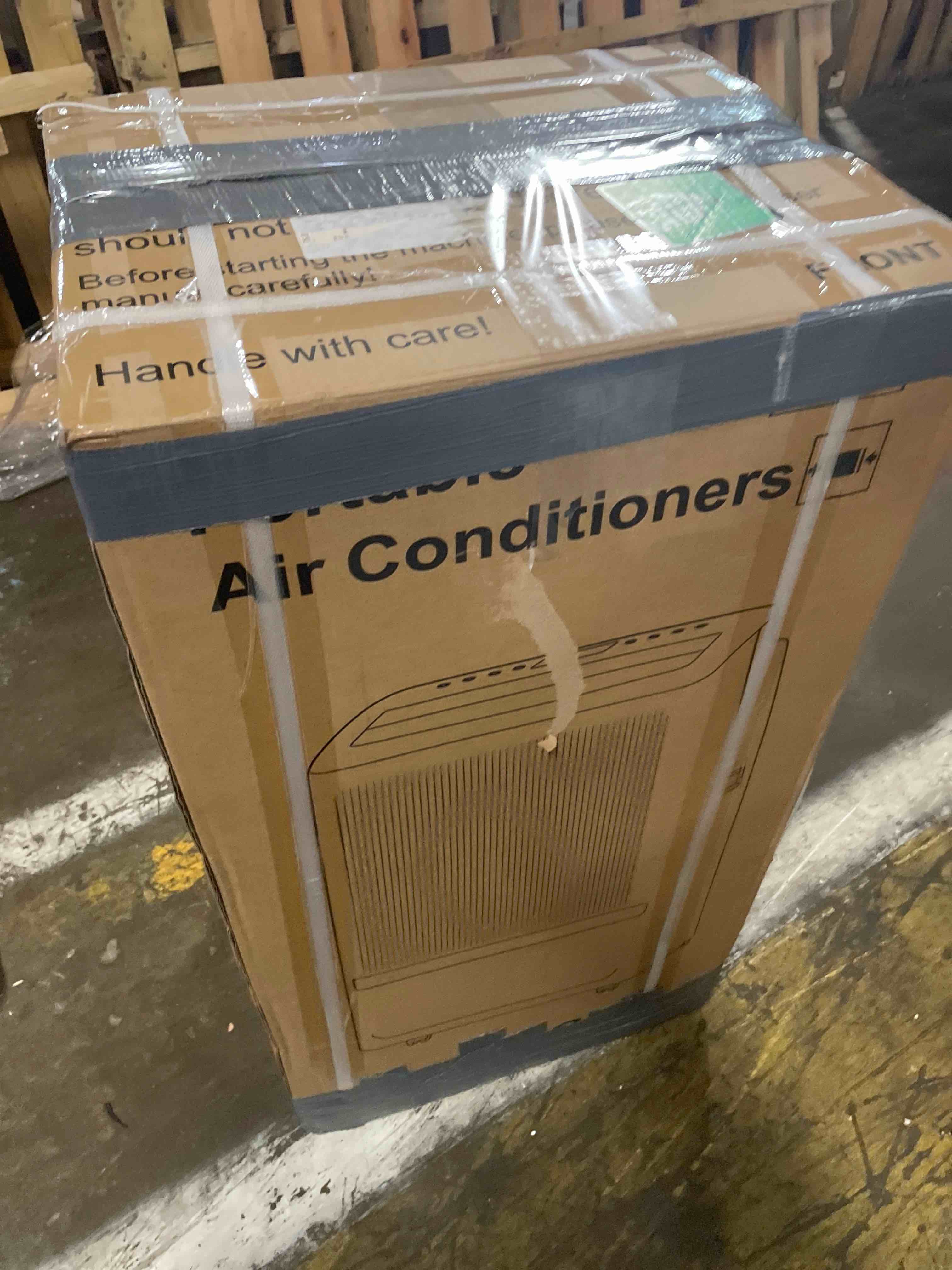 Condition photo showing As Is for portable air conditioners, 16000 btu cooling for 800 sq ft, 5-in-1 with drainage-free cooling, fan, dehumidifier, sleep mode, app & remote control, quiet 40 db, window installation kit