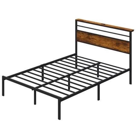 loeway queen size bed frame with storage headboard, industrial platform bed with charging station and led lights, heavy duty metal slats, no box spring need, noise free, rustic brown
