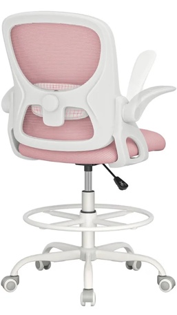 lukkdys drafting chair with 4d multi-adjustable backrest, tall office chair 19.7"-27.6" seat height, ergonomic standing desk chair with flip-up arms, foot ring, pink&white