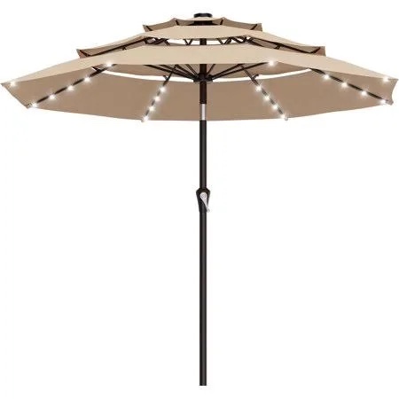 areshark 9ft 2 tiers patio umbrella with solar lights, outdoor umbrella w/ 32 led lights&8 sturdy ribs, table umbrella for deck, backyard, pool(beige)