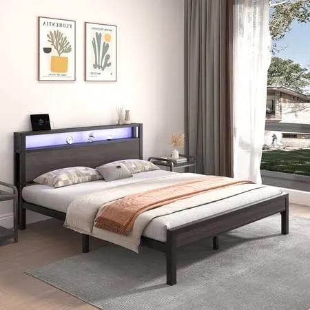 loeway queen size bed frame with storage headboard and led lights, industrial platform bed with charging station, heavy duty metal slats, no box spring need, noise free, grey