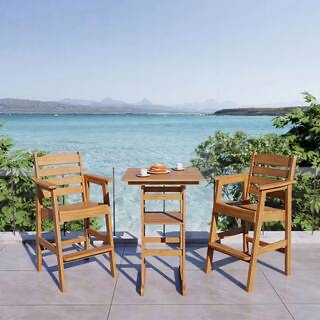 poly lumber patio hips bar set, 2-person plastic outdoor bar stools with table, teak tone, 600