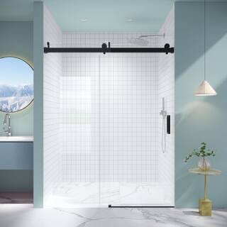 56 in.-60 in. w x 76 in. h frameless single sliding shower door with 1/4 in. tempered clear glass in matte black
