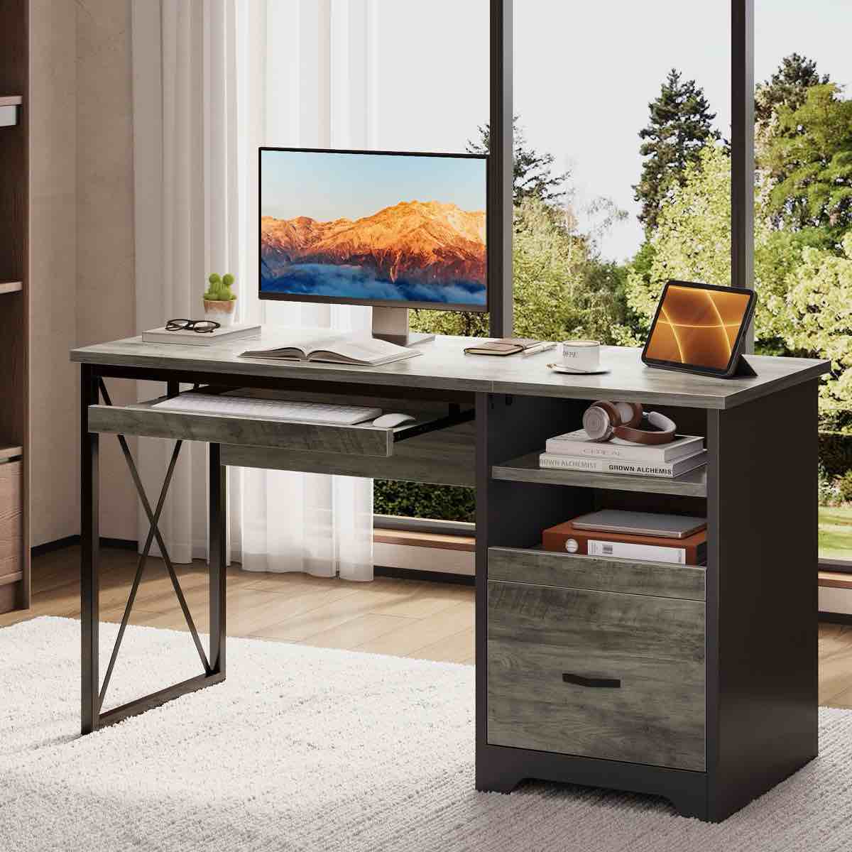 bestier 48'' computer desk with keyboard tray & drawer, executive desk with open shelves, home office desk for small places & bedroom, grey wash
