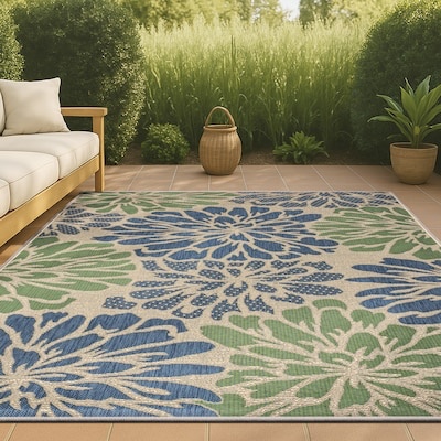 jonathan y floral textured weave indoor outdoor area rug 9x12 navy/green, zinnia modern for backyard, patio, porch, easy-cleaning, high traffic, pet-friendly, non-shedding (smb110b-9)