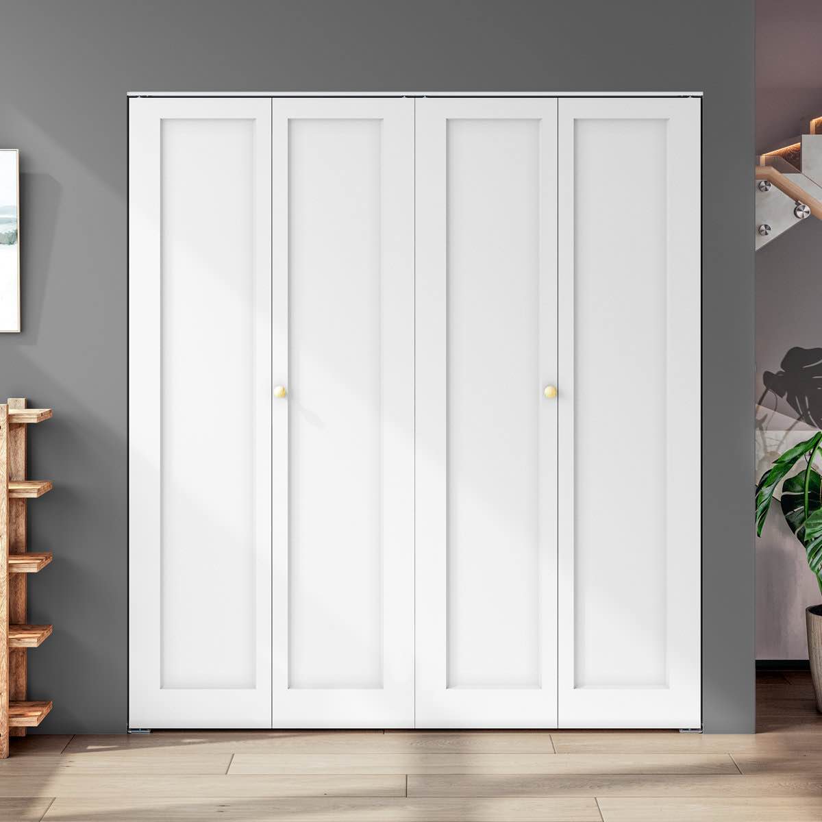 double paneled manufactured wood primed bi-fold door with hardware kit
