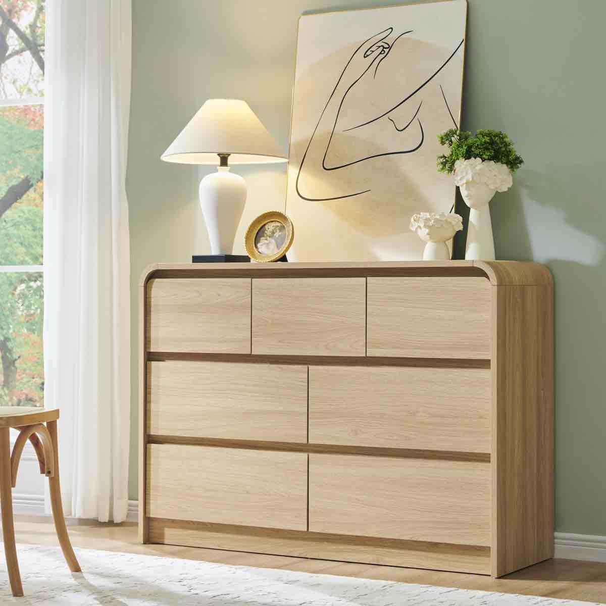 maud modern 7 drawers dresser for bedroom, 47" wide wood dressers & chests of drawers w/curved profile design