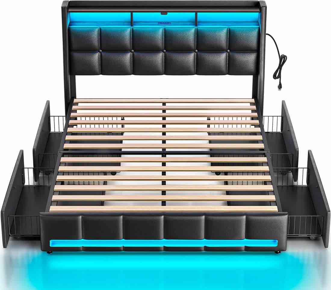 rolanstar queen size bed frame with led lights and charging station, pu leather bed storage headboard & drawers, heavy duty wood slats, easy assembly, black