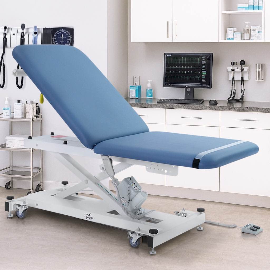 Condition photo showing New/Like New for xro power hi-lo exam table. open base w/ adjustable back, casters & antimicrobial upholstery. midnight express (in box) 72 x 29 x 17-33.5