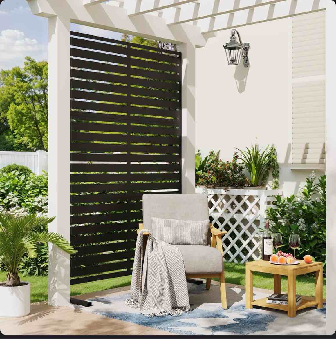 outdoor metal privacy screen with stand, freestanding black slatted fence for patio, garden, balcony & trash can enclosure