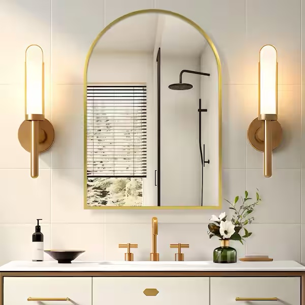 Dovelina 24 in. W x 36 in. H Arched Gold Recessed/Surface Mount Medicine Cabinet with Mirror