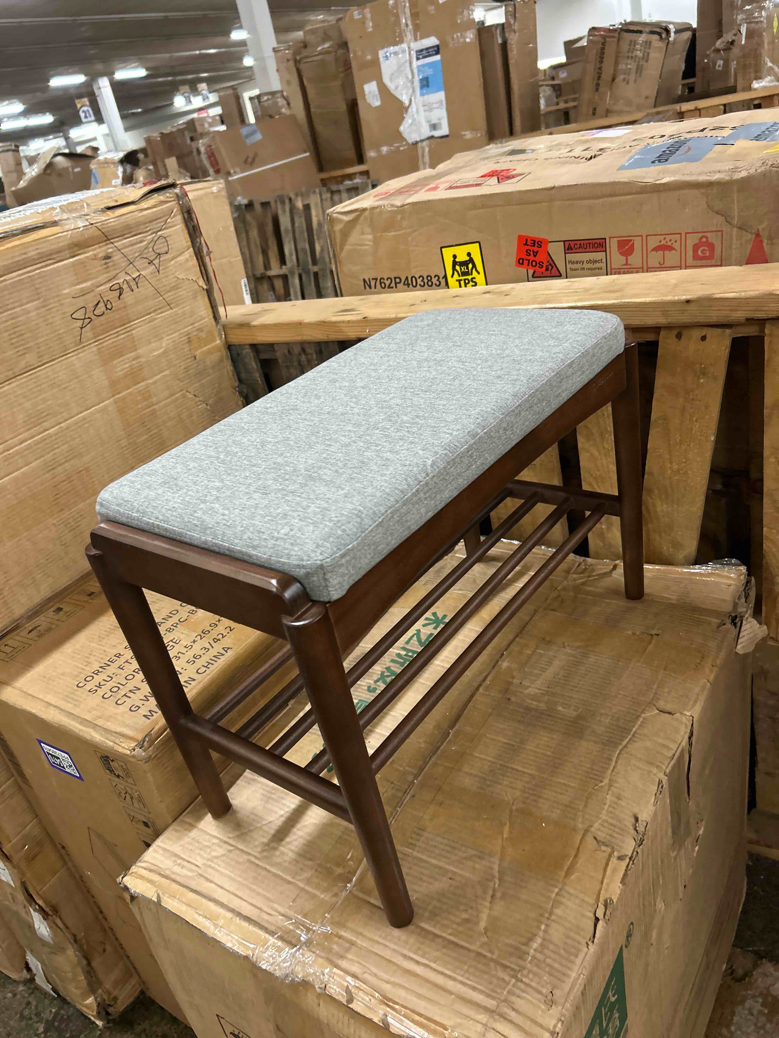 Condition photo showing New/Like New for black walnut shoe bench assembled, solid wood shoe rack bench with cushion for entryway, living room, bedroom, hallway, 11.8" x 23.6" x 16.5"
