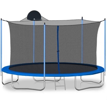 Condition photo showing New/Like New for oou 12ft outdoor trampoline for kids and adults with safety enclosure net basketball hoop ladder blue pe cover heavy duty frame