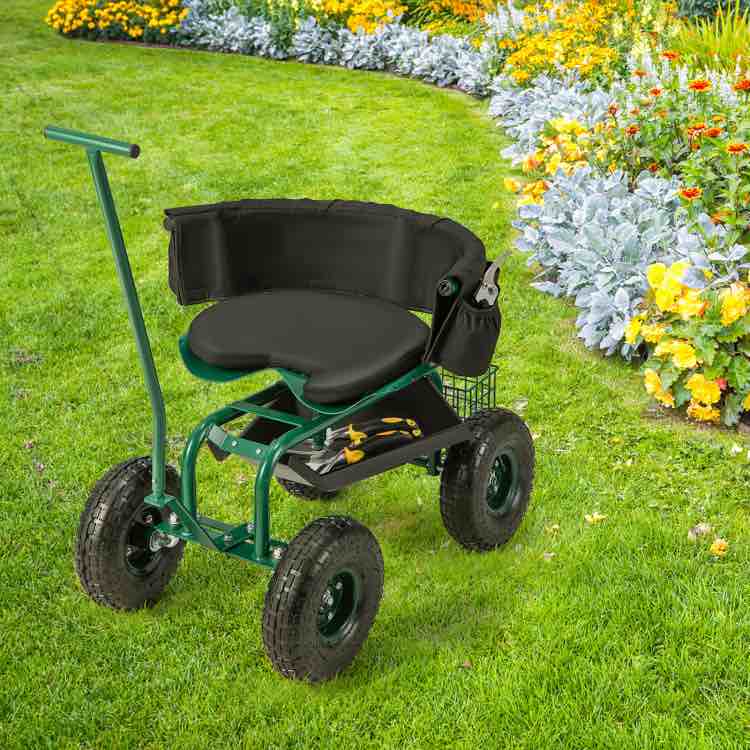 Condition photo showing New/Like New for rolling garden cart with height adjustable swivel seat and storage