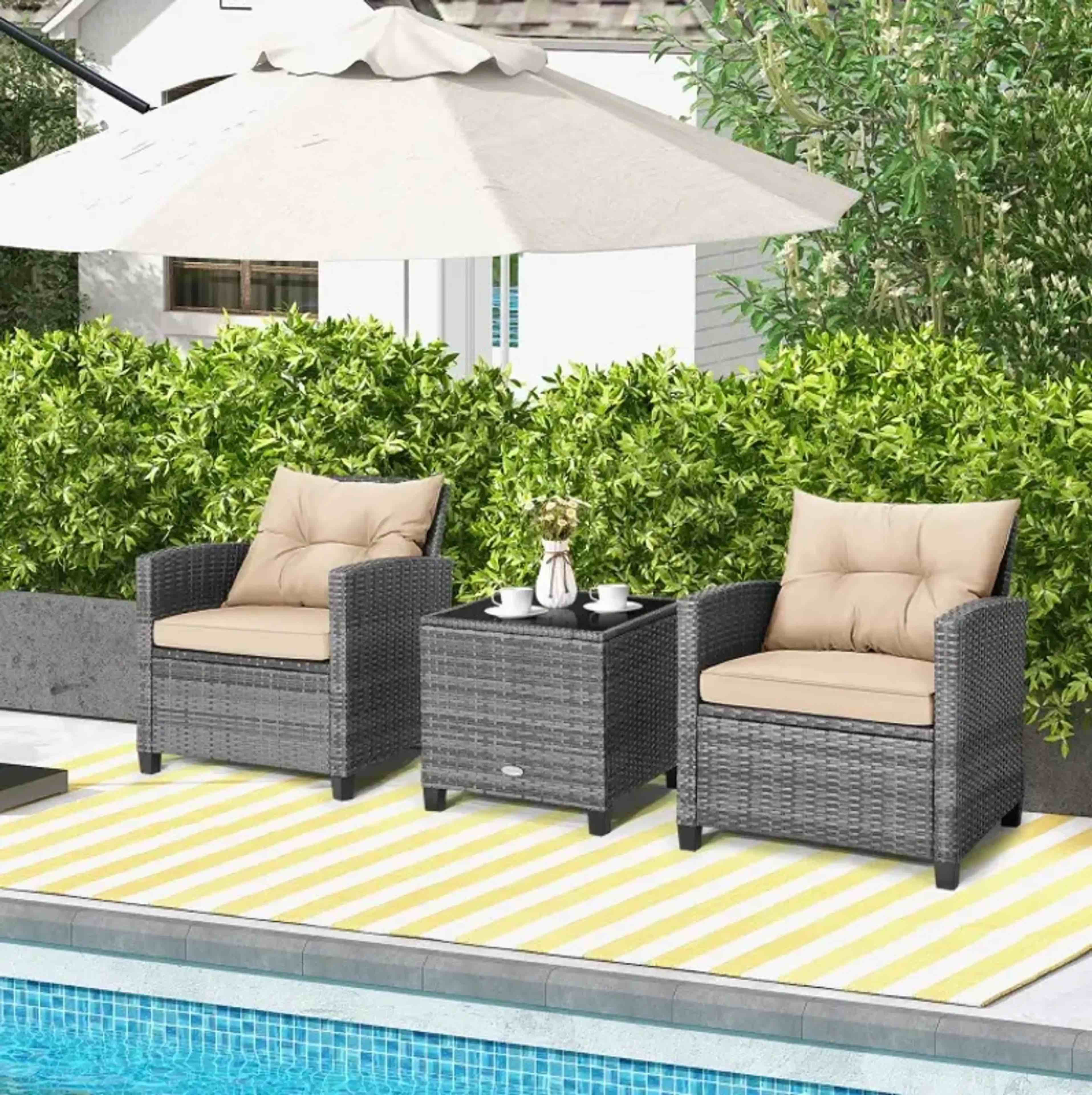 Condition photo showing New/Like New for costway 3 pieces outdoor wicker conversation set with tempered glass tabletop