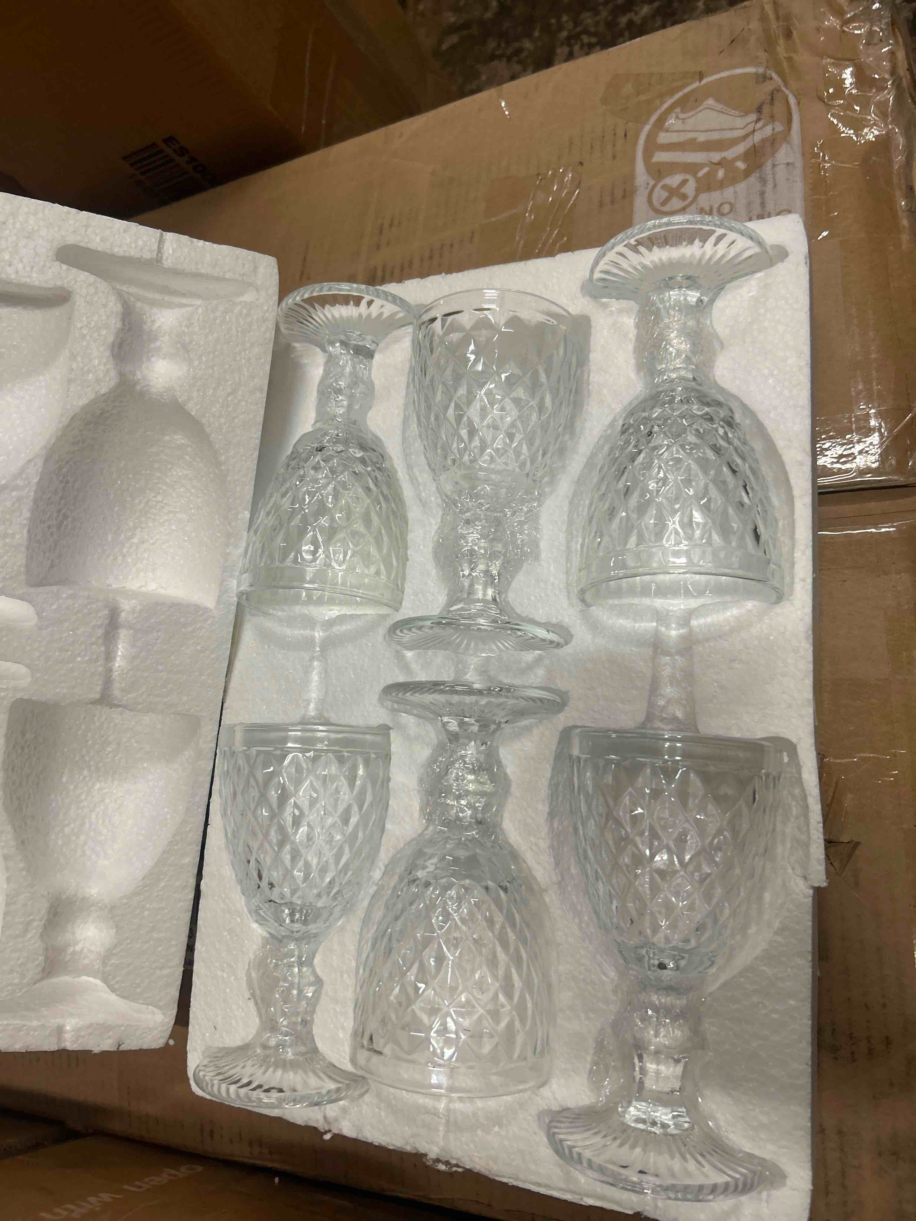 Condition photo showing New/Like New for bokon 6 pack clear glass goblets set 10 oz high clear wine glass vintage water goblets cups embossed diamond design glassware with stem for drinking juice liquor party wedding bar