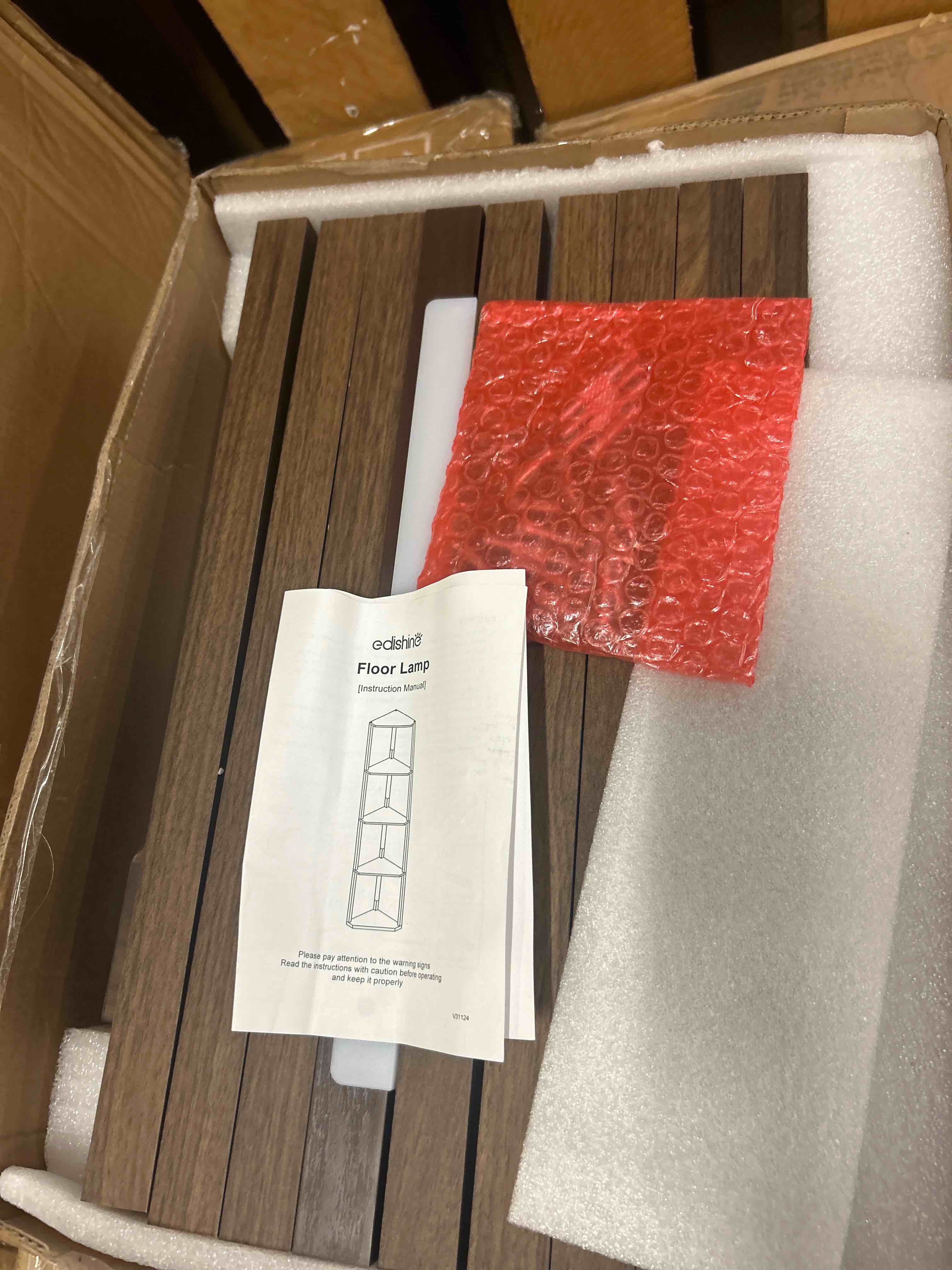 Condition photo showing New/Like New for edishine floor lamp with shelves, 5-tier glass display shelf with remote/foot control, 5cct & dimmable corner shelf lamp, open display cabinet, floor lamps for living room, bedroom, walnut color