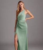 Condition photo showing New/Like New for azazie mika stretch copper sheath one shoulder stretch satin dress- 8