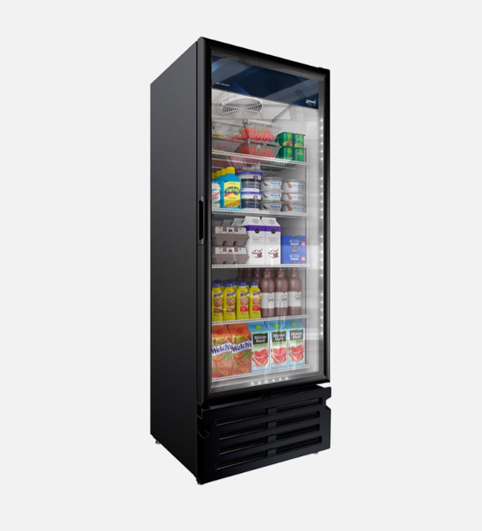 IMBERA (G319) 30" WIDE REACH-IN REFRIGERATOR FEATURING ONE GLASS DOOR. Refrigerator powers on and cools. Minor cosmetic wear from limited use.