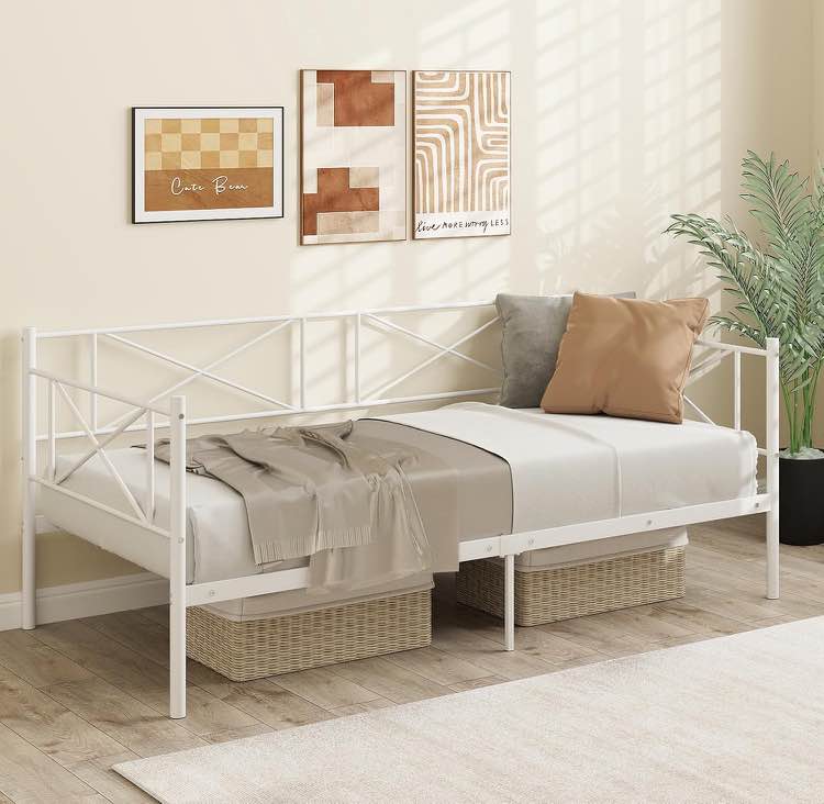 Twin Daybed Frame, Metal Day Bed with Storage, Headboard & Heavy-Duty Steel Slats Support, Twin Size Sofa Bed Platform for Living Room, Bedroom, Guest Room, No Box Spring Needed (White)