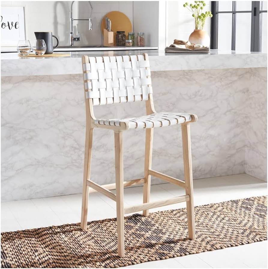 SAFAVIEH Home Collection Adah White Leather Seat/Natural Solid Wood 27-inch Seat Height Counter Stool (Fully Assembled)
