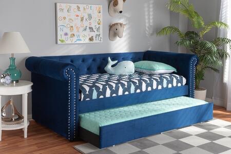Mabelle Collection ASHLEY-NAVY BLUE-DAYBED Modern and Contemporary Navy Blue Velvet Upholstered Daybed with Trundle (Trundle and Back Panel Only) (Box 2 & 3)