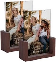 RLAVBL 4x6 Picture Frame Set of 2, Rustic Double Sided Tempered Glass Photo Frames with Wooden Base for Tabletop or Desktop Display