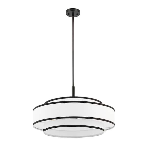 24 in. 5-Light Black Double Shaded Drum Chandelier with White Fabric Shade